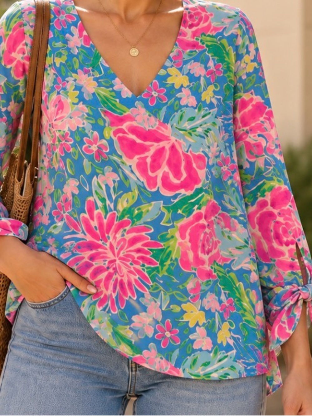 Lilly Pulitzer Blue Floral V-Neck Top with Pink Accents